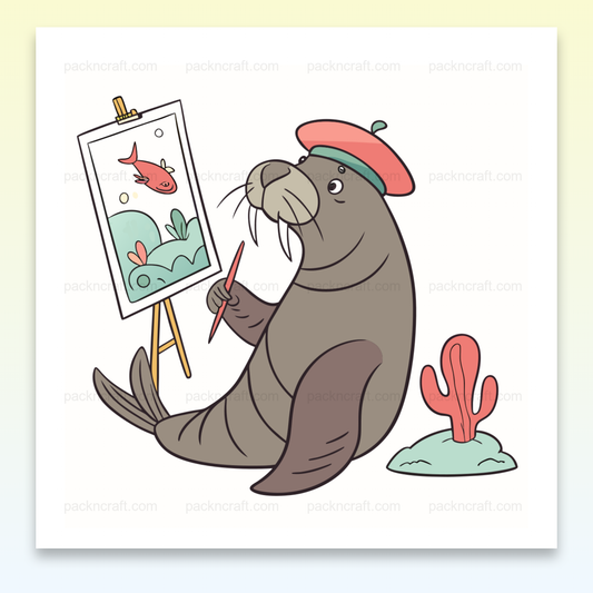 Illustration d'un morse peintre, idéal pour projets DIY, papeterie et déco.