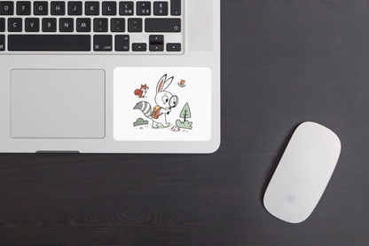 Sticker avec lapin curieux en exploration forestière sur fond éducatif et aventurier