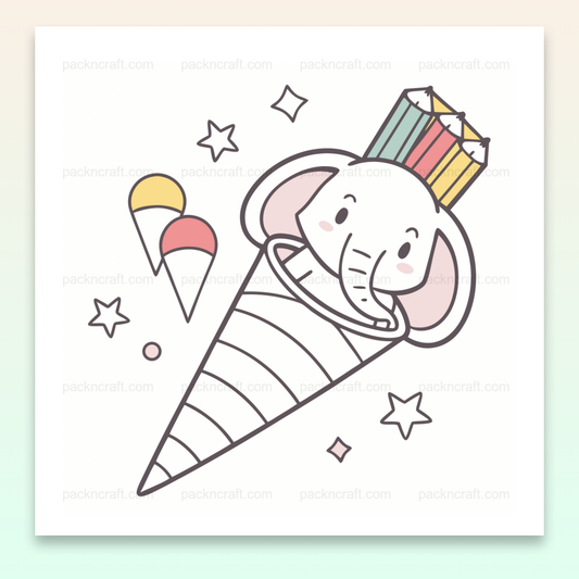 Illustration éléphant joyeux dans cornet glacé, idéal DIY et papeterie