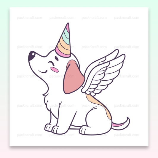 Illustration d'un chiot licorne ailé, style kawaii, idéal pour papeterie et stickers.