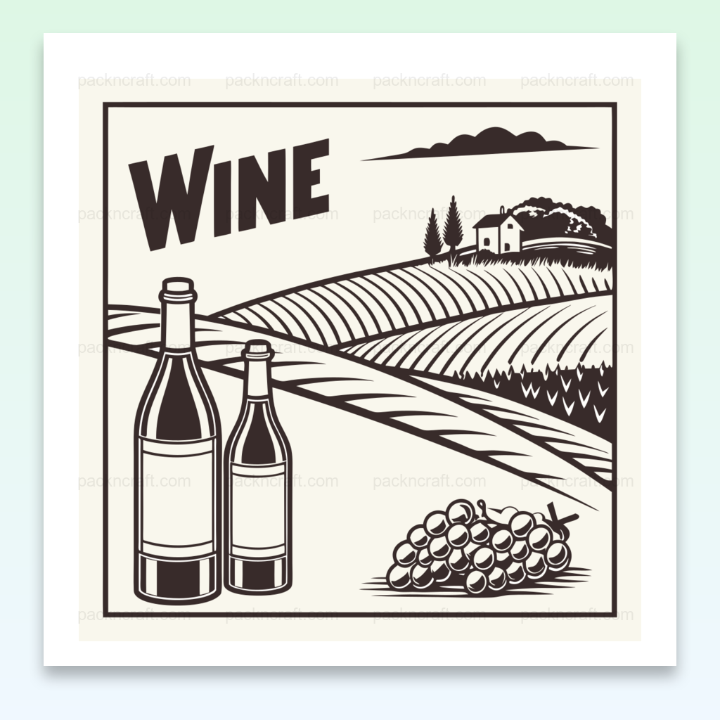 Affiche rétro avec bouteilles de vin et vignoble en arrière-plan.