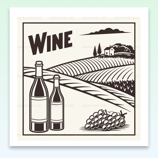 Affiche rétro avec bouteilles de vin et vignoble en arrière-plan.