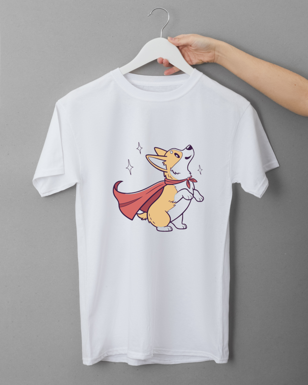 T-shirt avec un joyeux corgi héroïque dans un design numérique adorable