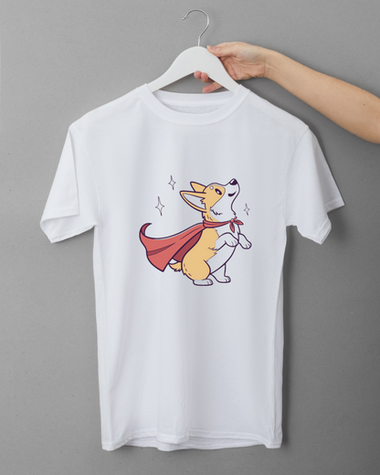 T-shirt avec un joyeux corgi héroïque dans un design numérique adorable