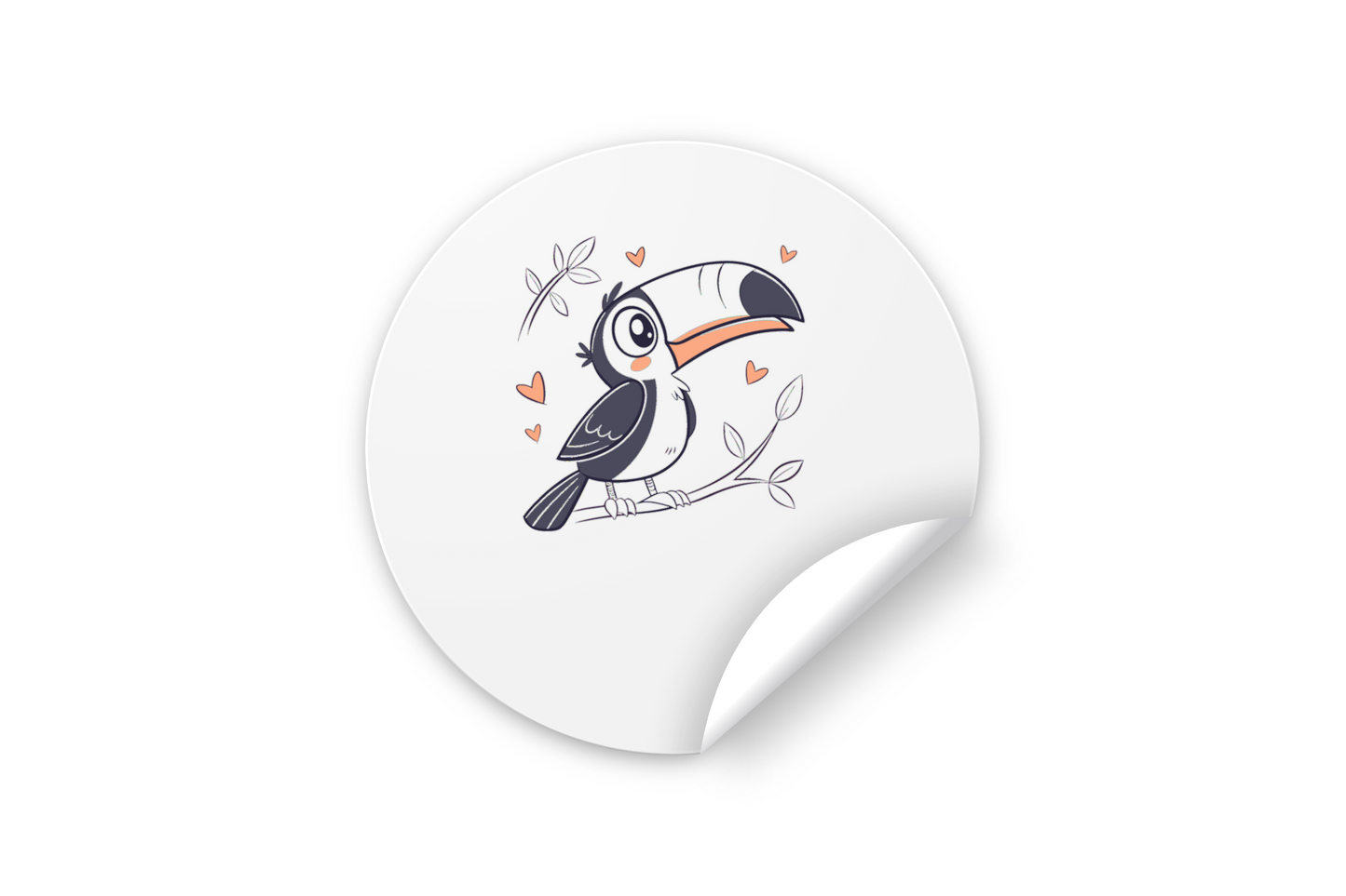 Sticker avec un toucan kawaii posé sur une branche évoquant une aventure tropicale