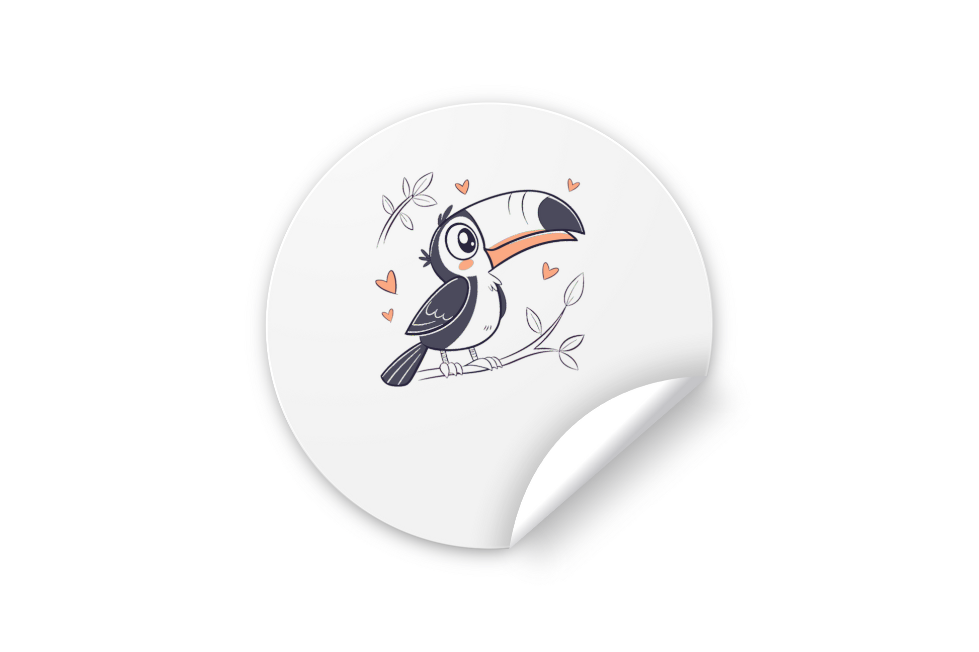 Sticker avec un toucan kawaii posé sur une branche évoquant une aventure tropicale