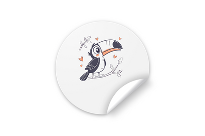 Sticker avec un toucan kawaii posé sur une branche évoquant une aventure tropicale