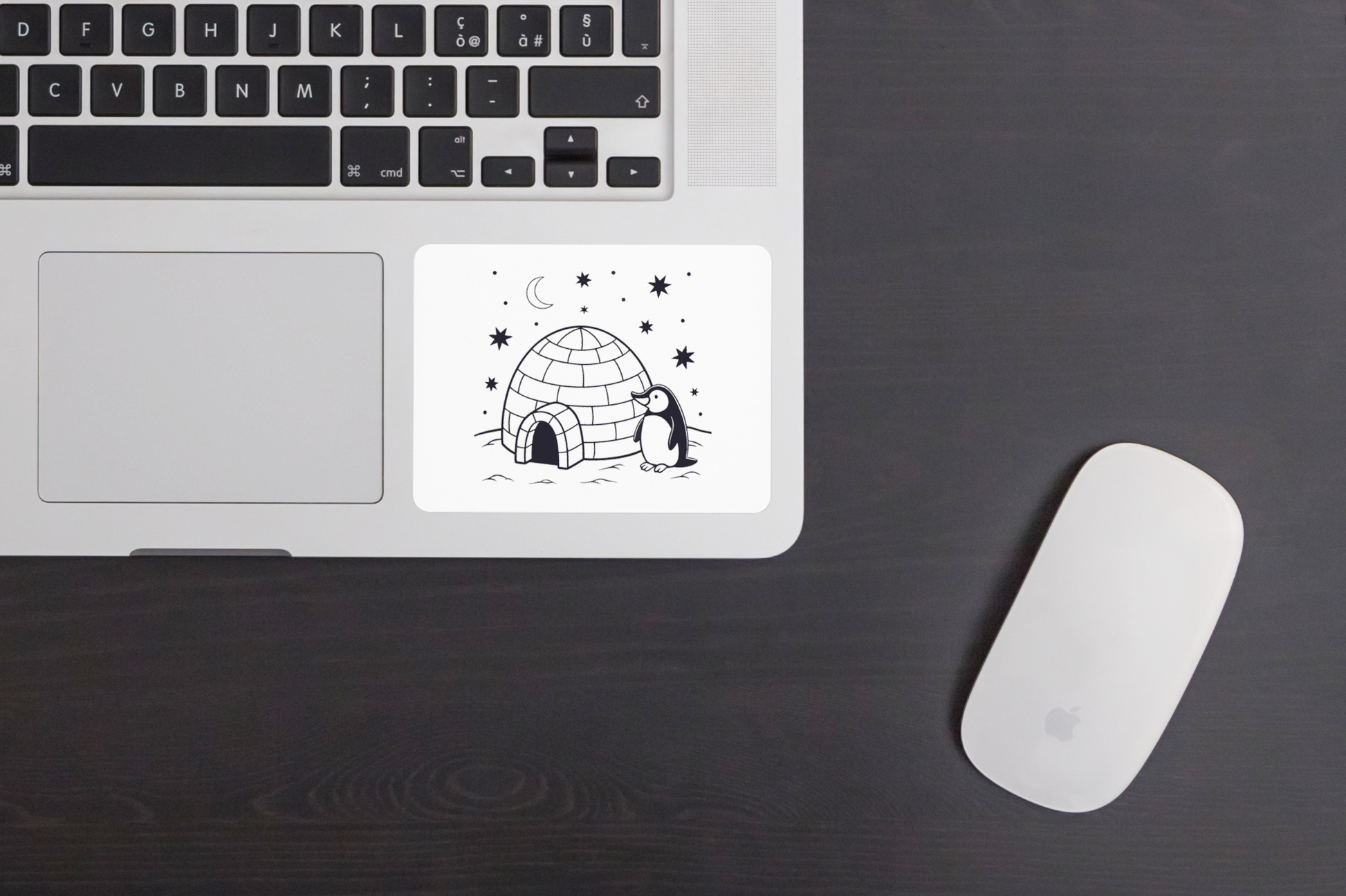 Sticker décoratif avec un pingouin rêveur sur fond étoilé, style nuit polaire