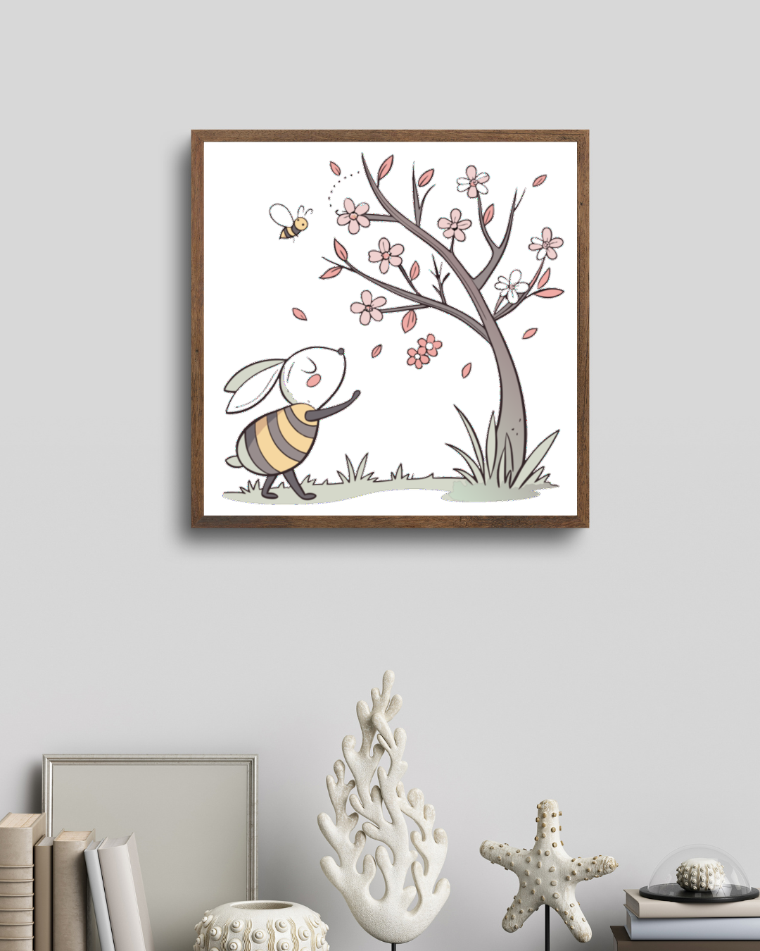 Cadre décoratif style pastel avec lapin sous un arbre en fleurs pour le printemps