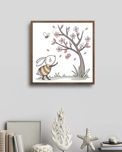 Cadre décoratif style pastel avec lapin sous un arbre en fleurs pour le printemps