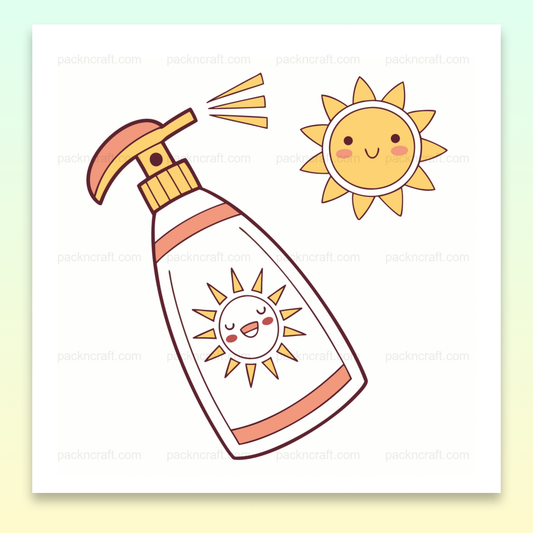 Illustration de soleil joyeux avec lotion solaire, idéal pour DIY et papeterie estivale