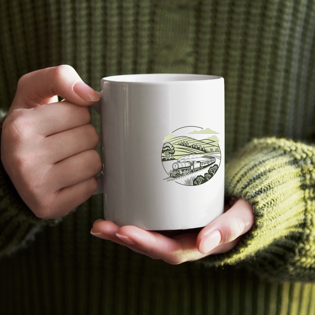 Mug décoratif avec motif de train vapeur rétro, parfait pour les amateurs de vintage.