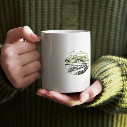 Mug décoratif avec motif de train vapeur rétro, parfait pour les amateurs de vintage.