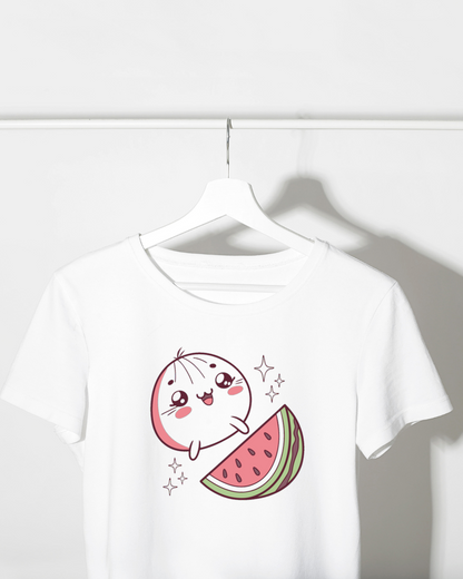 T-shirt estival avec icône kawaii de pastèque et Petit Bao joyeux lumineux