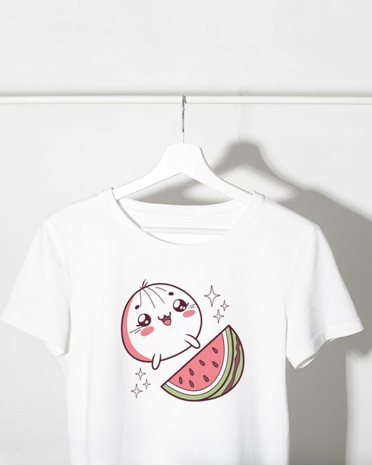T-shirt estival avec icône kawaii de pastèque et Petit Bao joyeux lumineux