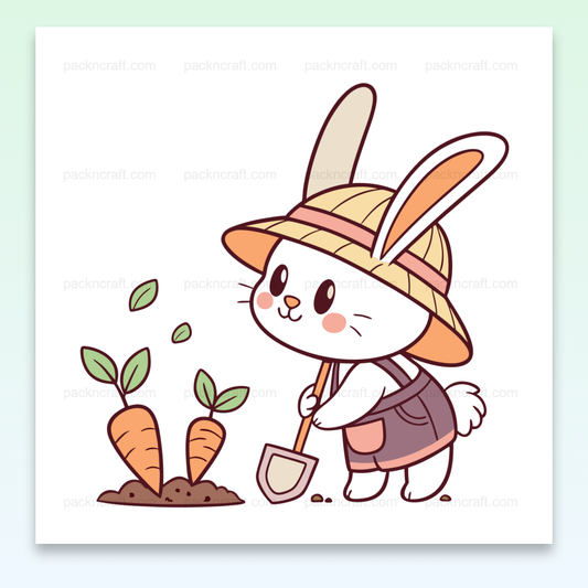 Illustration d'un lapin adorable jardinant, idéale pour projets DIY et éducatifs.