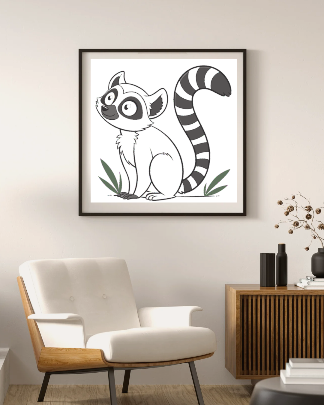 Cadre élégant avec un lémurien minimaliste sur fond de jungle verdoyante