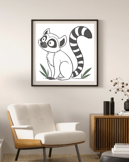 Cadre élégant avec un lémurien minimaliste sur fond de jungle verdoyante