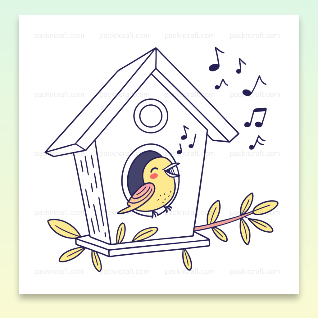 Illustration d'un oiseau chantant dans un nichoir, fichier SVG doodle pour DIY et déco.