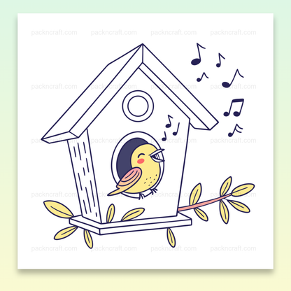 Illustration d'un oiseau chantant dans un nichoir, fichier SVG doodle pour DIY et déco.