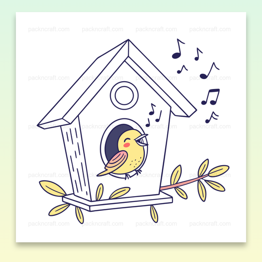 Illustration d'un oiseau chantant dans un nichoir, fichier SVG doodle pour DIY et déco.