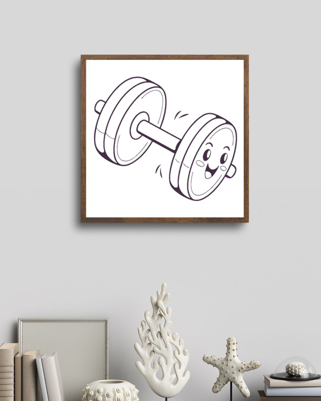Cadre fun avec haltère souriant dans un style kawaii et sportif