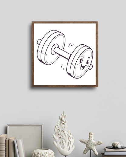 Cadre fun avec haltère souriant dans un style kawaii et sportif