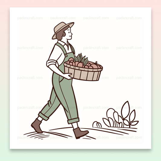 Illustration vintage de fermière portant des légumes frais, Design pour t-shirts: Fermière joyeuse avec des légumes, Décoration murale: Art SVG de fermière et légumes, Tasse personnalisée: Fermière et panier de légumes, Sticker rétro de fermière souriante portant des légumes