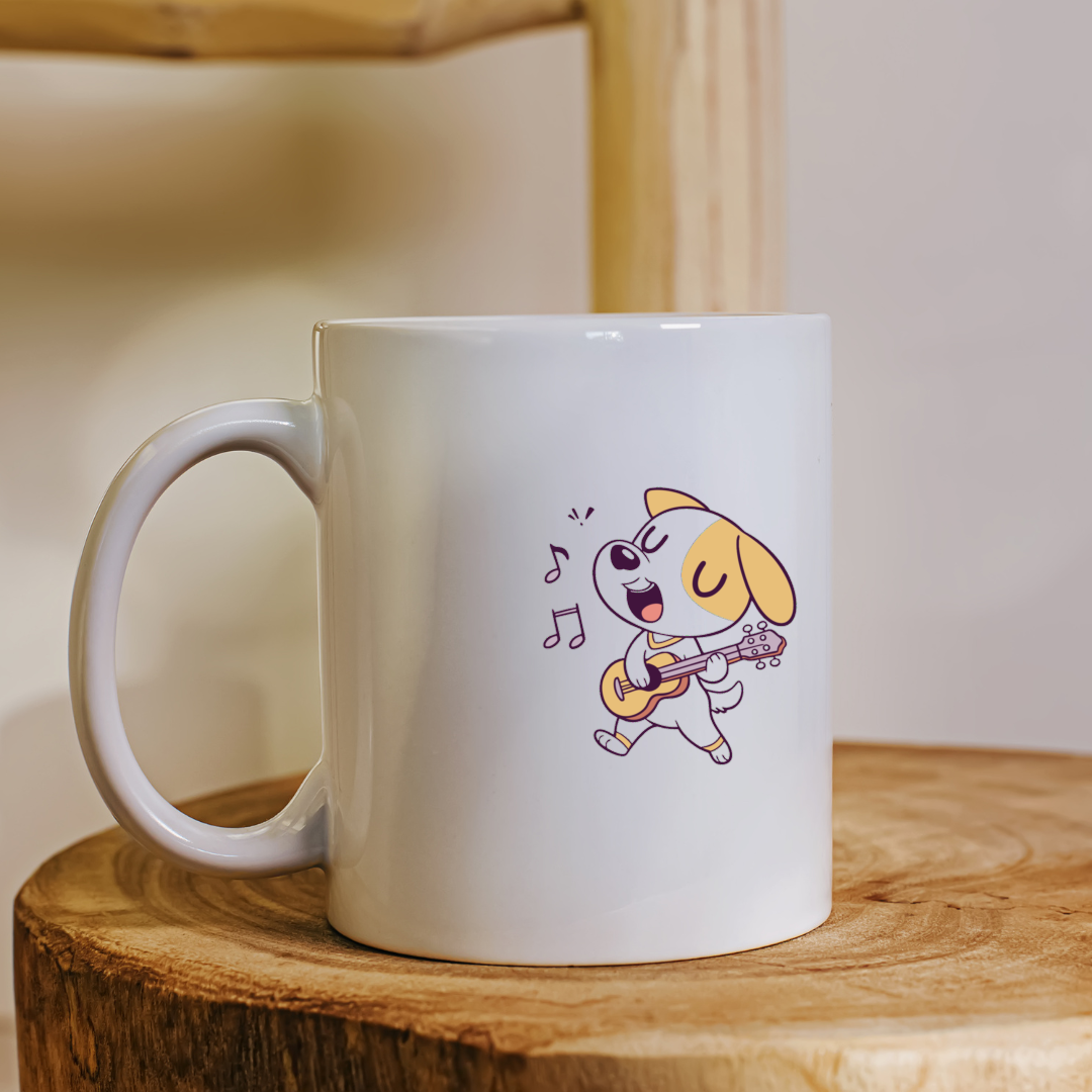 Mug décoratif avec chien jouant de la guitare dans un style doodle inspirant
