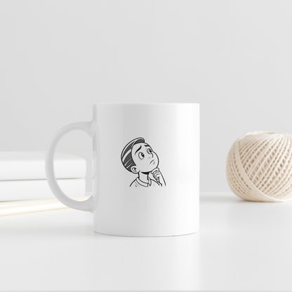 Mug éducatif avec illustration monochrome d'un garçon pensif