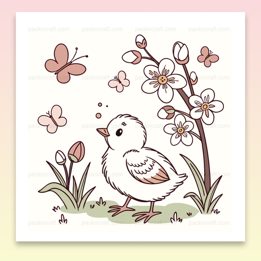 Illustration pastel d'un poussin curieux au printemps, utilisable pour papeterie et déco.