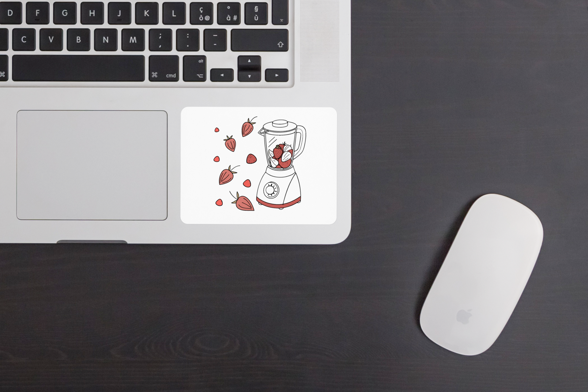 Sticker minimaliste avec un blender et fraise, style épuré pour cuisine moderne