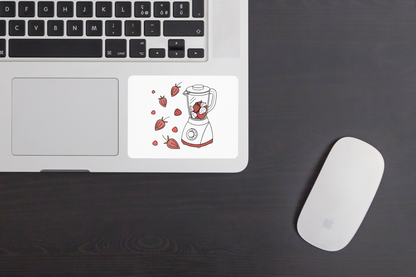 Sticker minimaliste avec un blender et fraise, style épuré pour cuisine moderne
