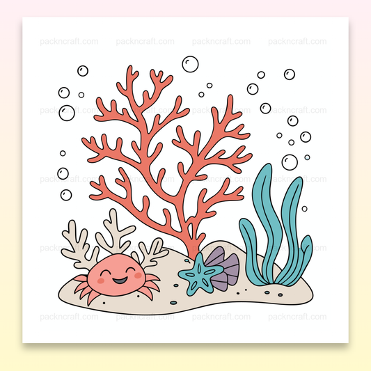 Illustration pastel d'un crabe joyeux et de coraux marins, parfait pour DIY et décorations.