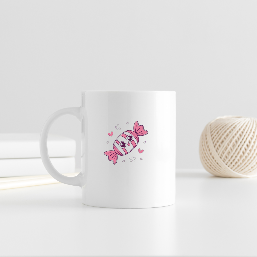 Mug avec un bonbon souriant et joyeux au style chaleureux et gourmand