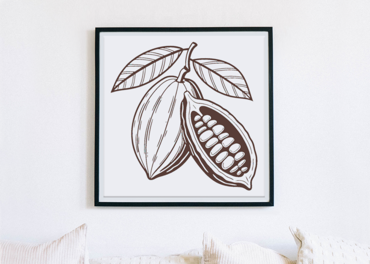 Cadre avec dessin vintage de cabosse de cacao éclatée, ambiance gourmande