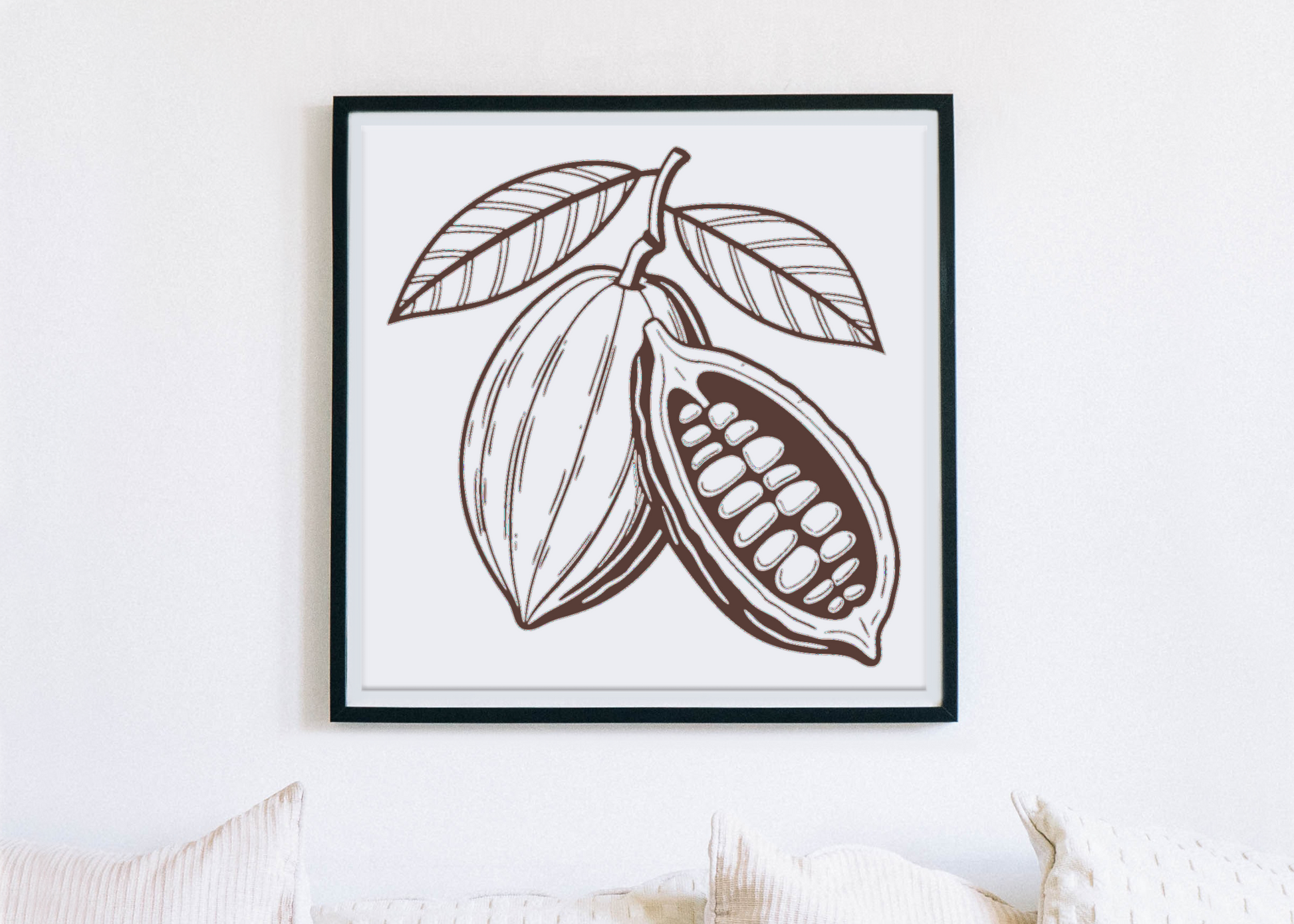 Cadre avec dessin vintage de cabosse de cacao éclatée, ambiance gourmande