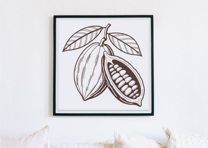 Cadre avec dessin vintage de cabosse de cacao éclatée, ambiance gourmande