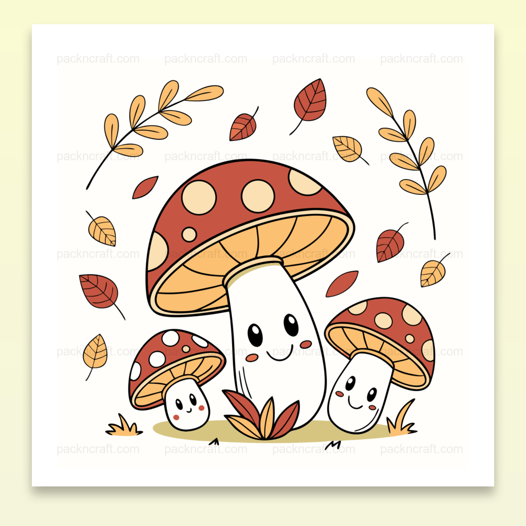 Illustration de champignons souriants en style pastel pour automne, idéale pour la déco DIY