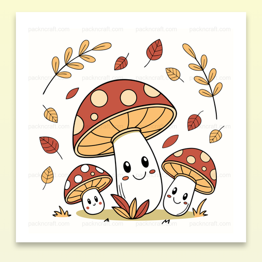 Illustration de champignons souriants en style pastel pour automne, idéale pour la déco DIY