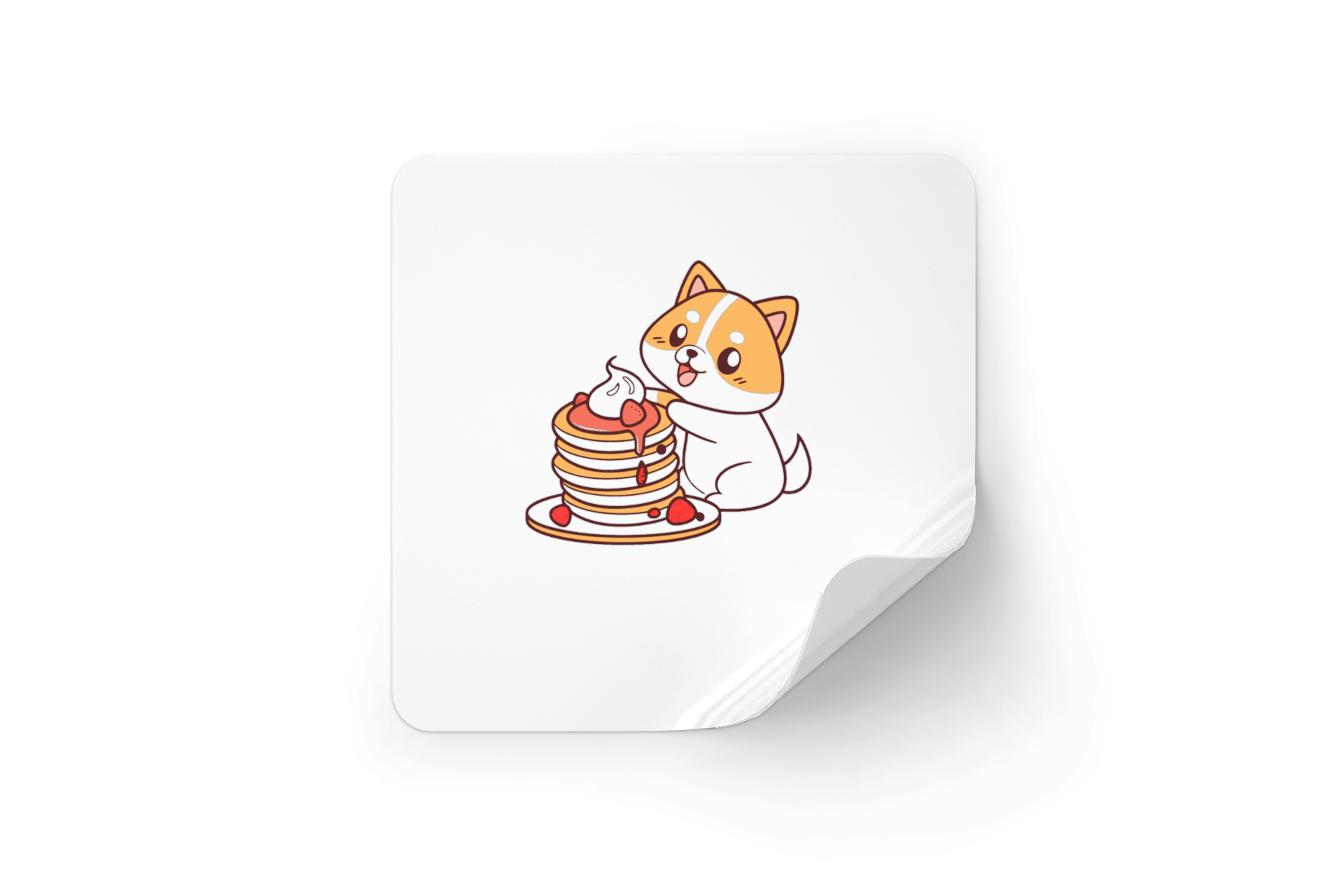 Sticker kawaii avec chien joyeux adorant des crêpes, style petit-déjeuner ludique