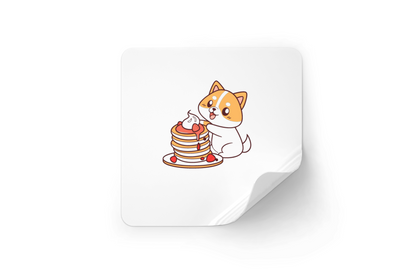 Sticker kawaii avec chien joyeux adorant des crêpes, style petit-déjeuner ludique