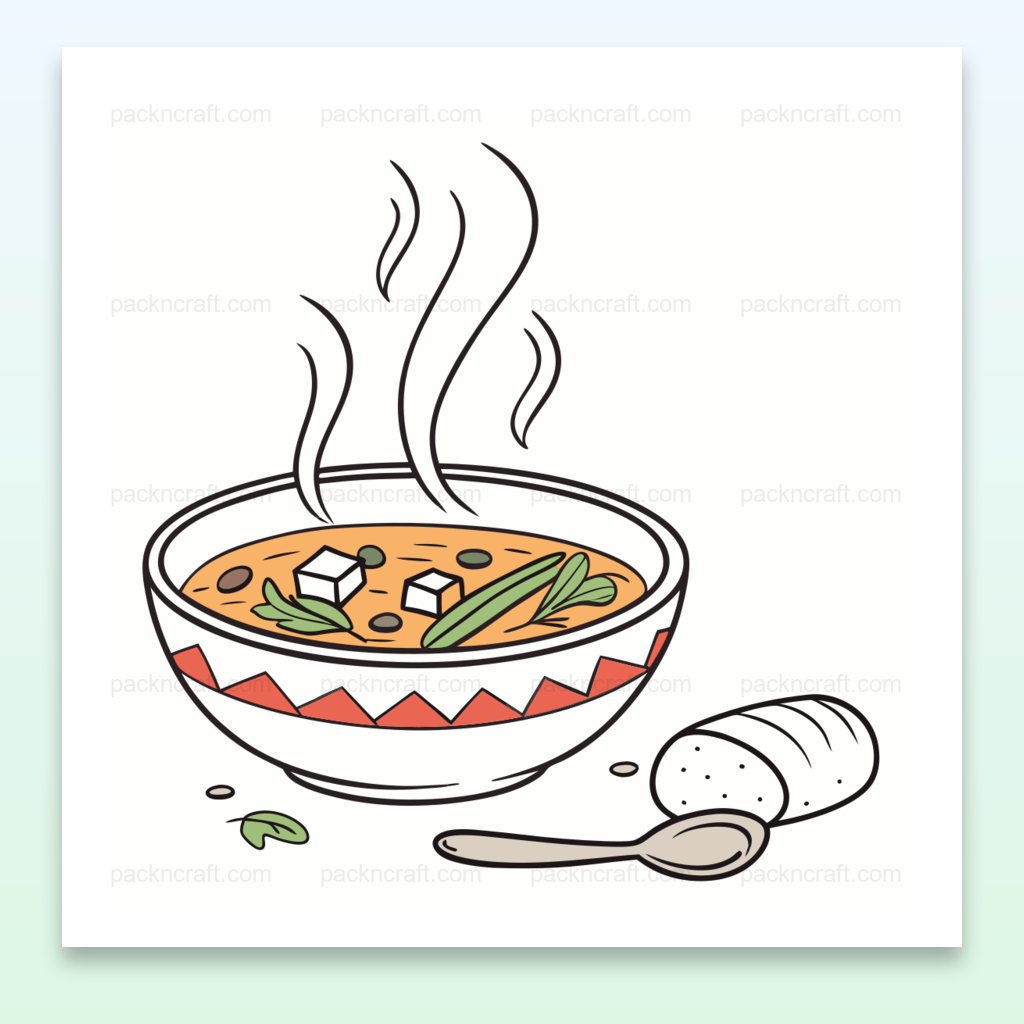 Illustration de soupe fumante avec légumes, parfaite pour projets culinaires ou papeterie.