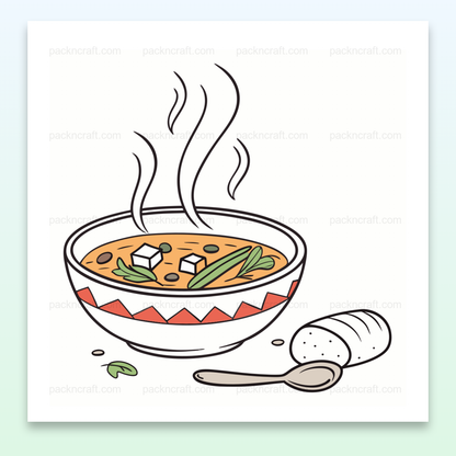 Illustration de soupe fumante avec légumes, parfaite pour projets culinaires ou papeterie.