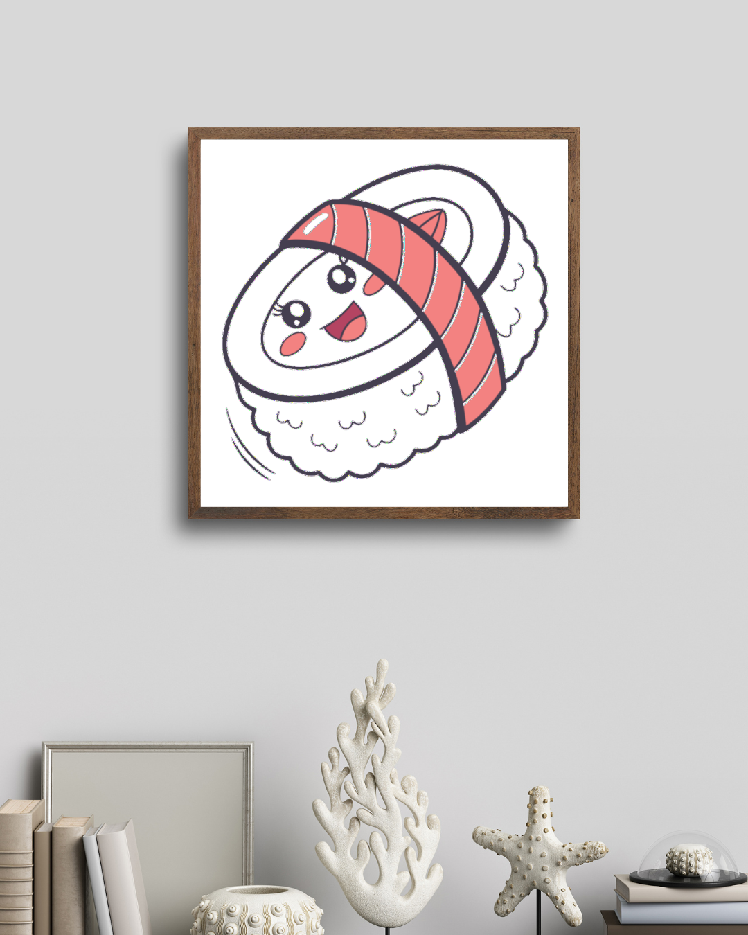 Cadre illustré avec un sushi souriant en vol style kawaii adorable et coloré