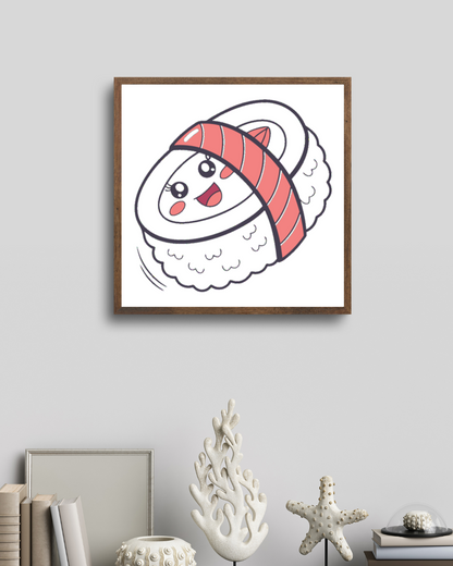 Cadre illustré avec un sushi souriant en vol style kawaii adorable et coloré