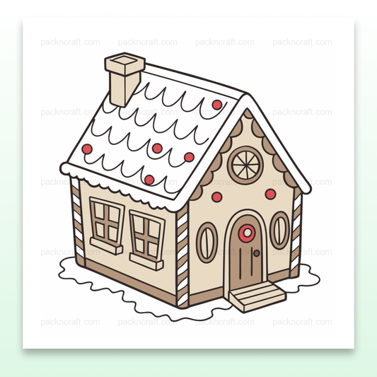 Illustration d'une maison en pain d'épices enneigée, parfaite pour Noël et projets DIY.