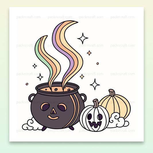 Illustration de chaudron magique fumant avec citrouilles, pour déco Halloween DIY.