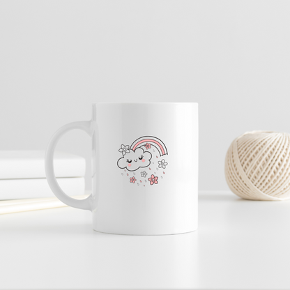 Mug avec nuage kawaii et arc-en-ciel dans une ambiance printanière charmante