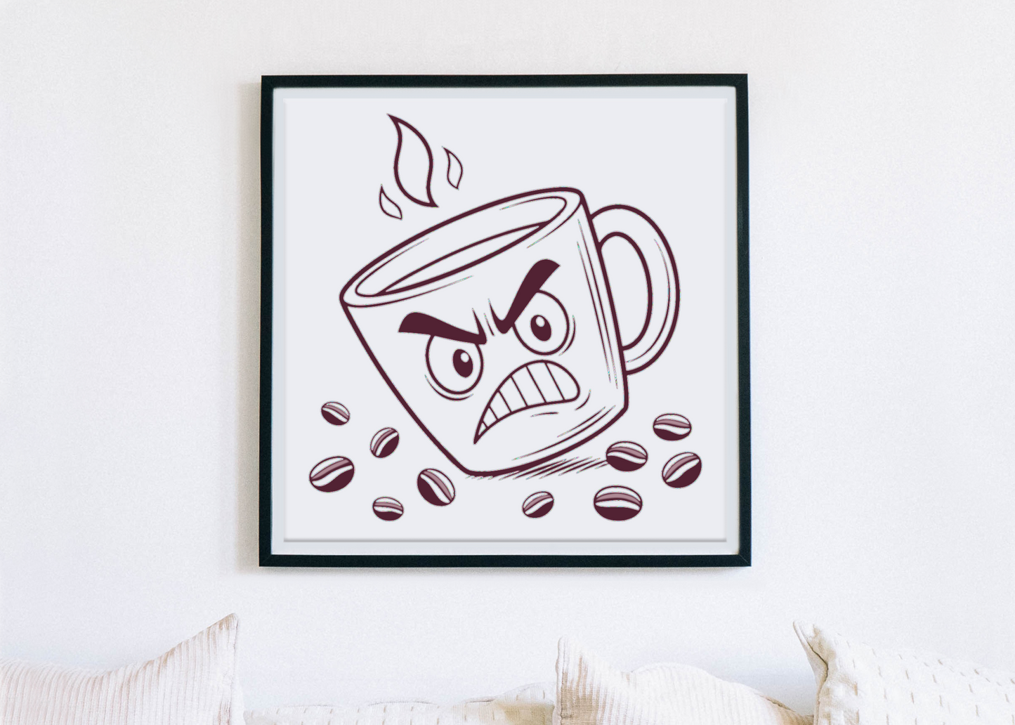 Cadre amusant avec dessin numérique représentant une tasse de café furieuse en cuisine